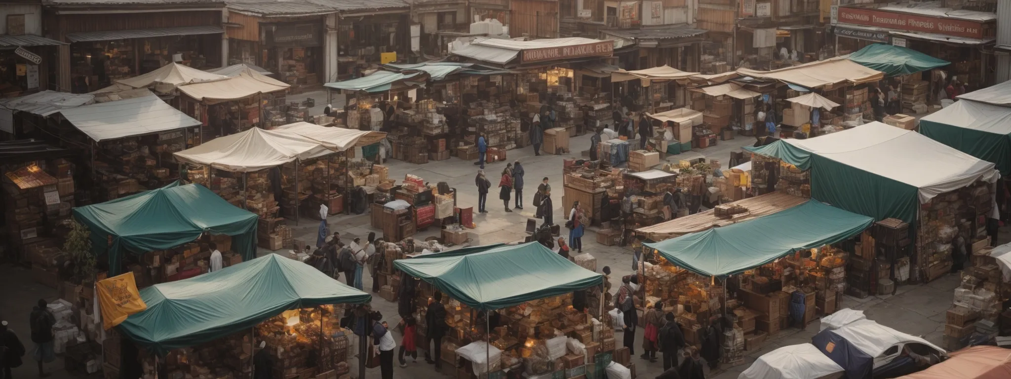 a bustling online marketplace with diverse digital store fronts all vying for the top spot in a google search results page.