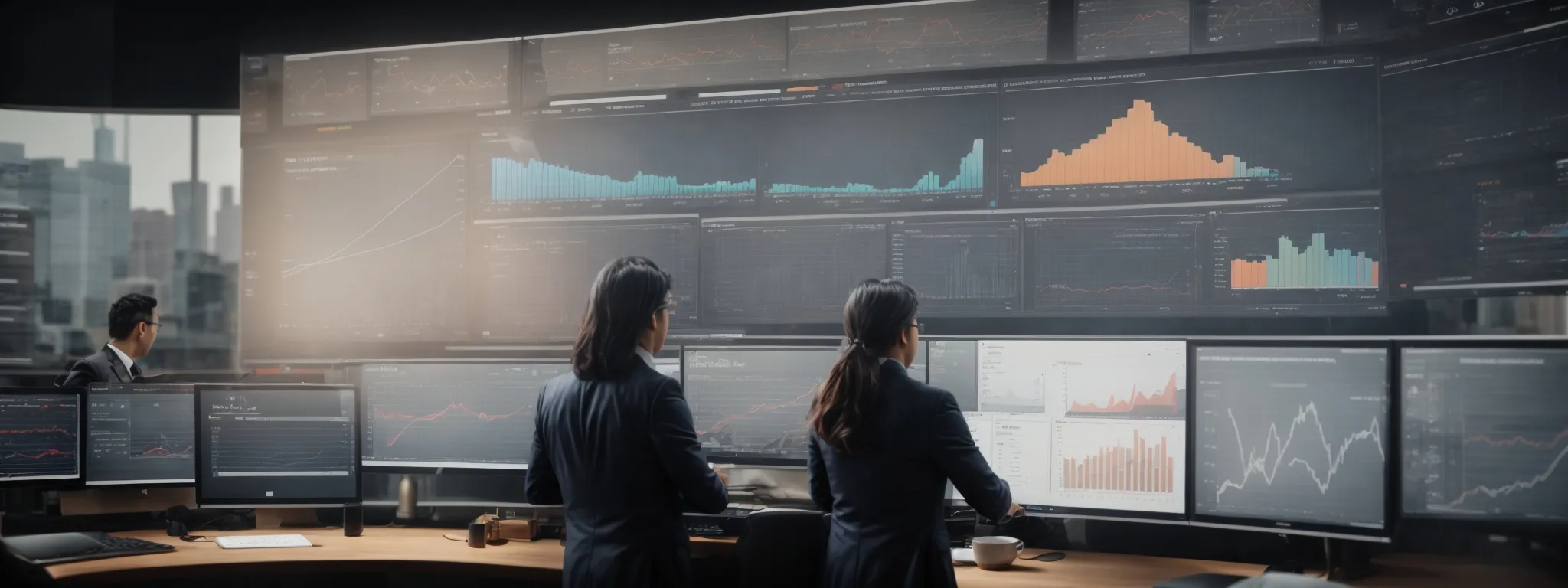 a wide-angle shot of a professional brainstorming over a dashboard displaying analytics and graphs, symbolizing the convergence of seo data streams.
