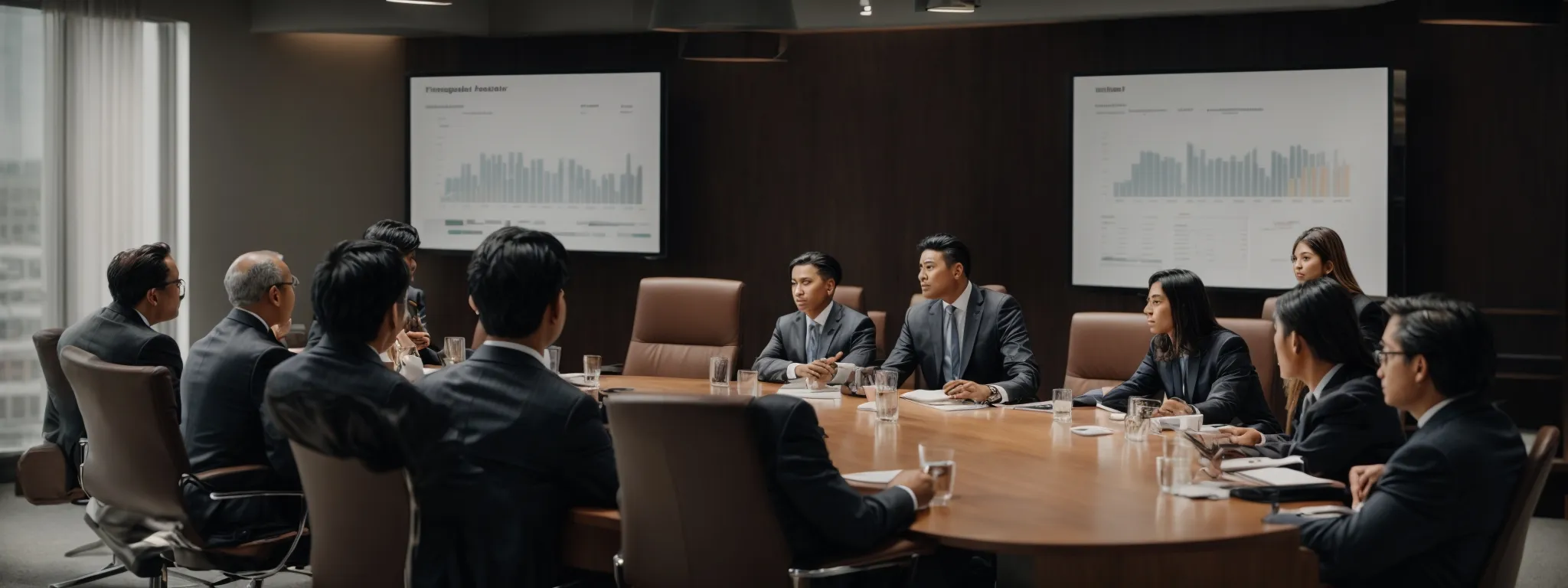 a corporate meeting in session with executives discussing strategies around a table with a graph-laden presentation in the background.