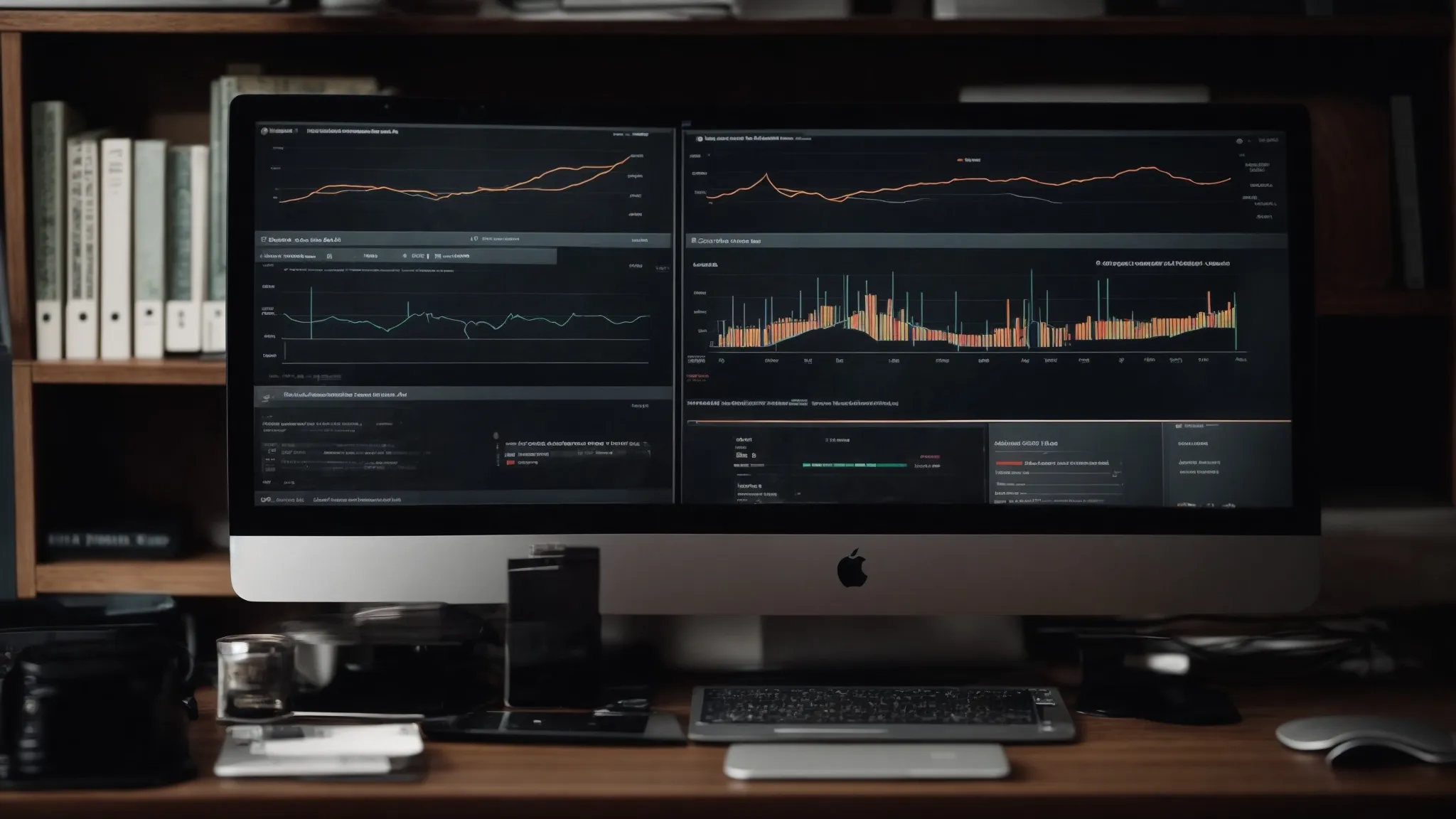 a neatly organized desk with a modern computer displaying graphs and website analytics on the screen.