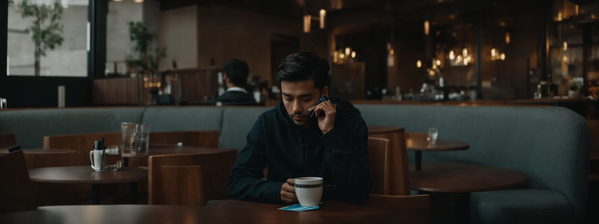 a person sitting in a cozy café, intently reading an article on a laptop screen about seo strategies.