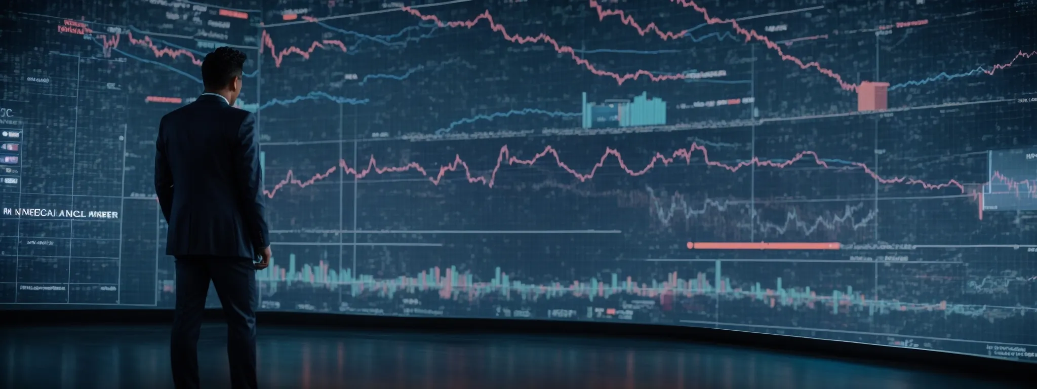a marketer stands before a large screen displaying rising analytics charts and social media icons, symbolizing the fusion of social engagement with seo tactics.