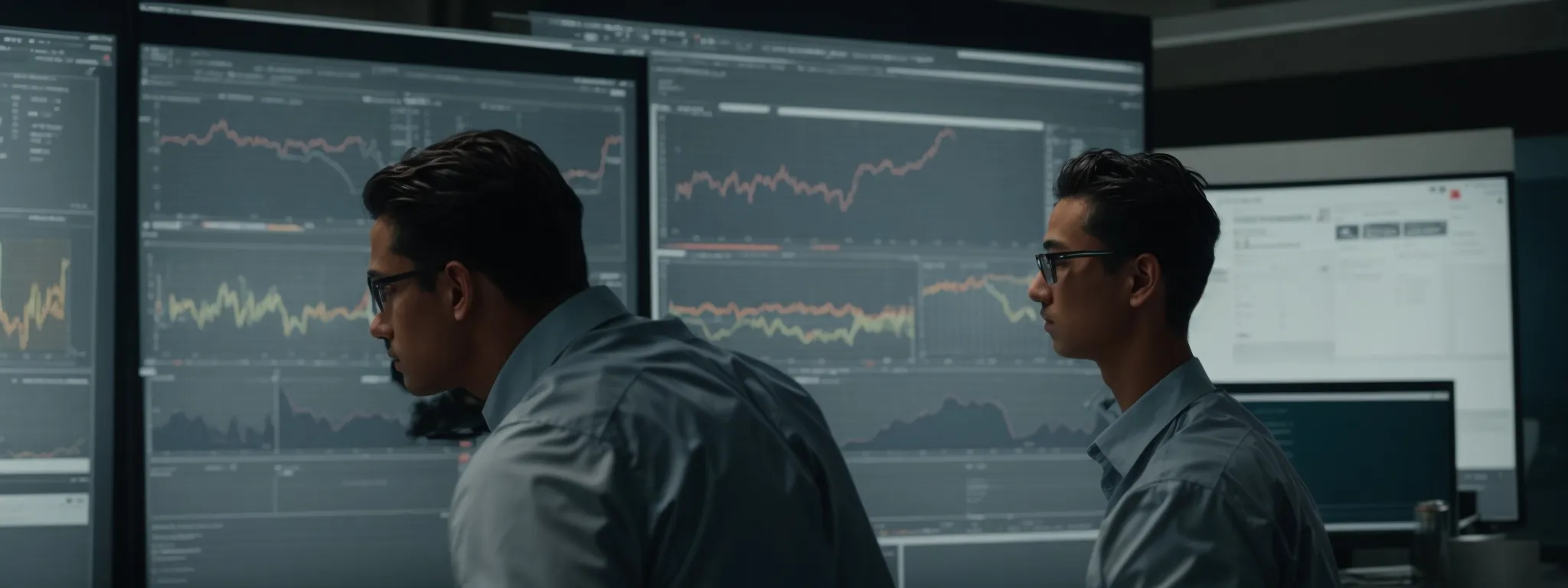 two professionals analyze data on a large screen showing social media statistics and a search engine results page.