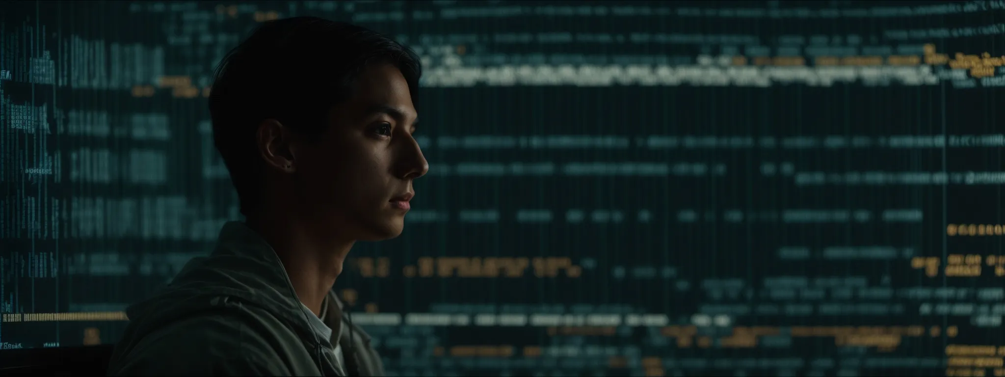 a person intently looks at a computer screen filled with lines of code, reflecting the strategic implementation of command line seo techniques.