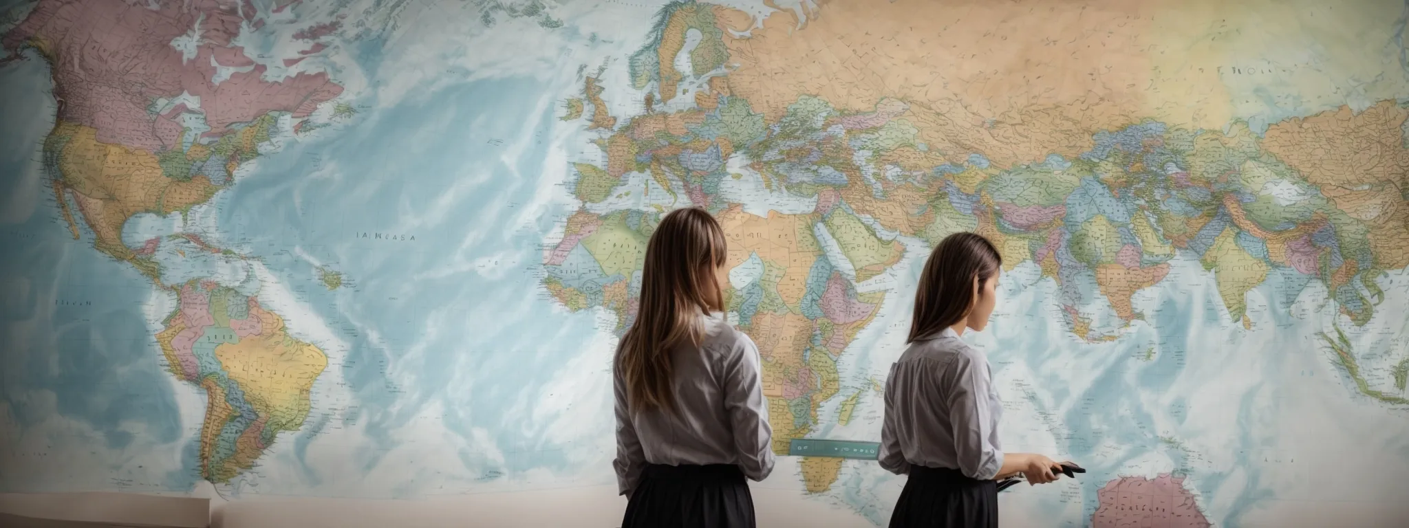 a marketing team analyzes a world map with color-coded regions indicating the performance of their localized content campaigns.