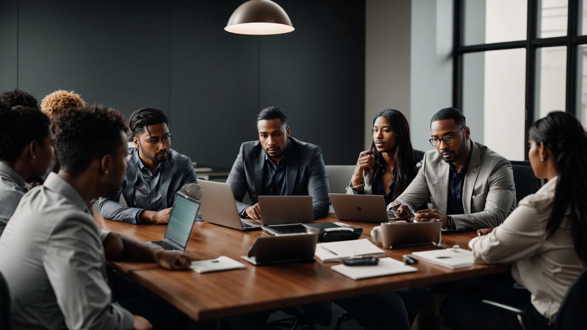 a diverse group of professionals gathered around a conference table, strategizing over laptops and digital marketing analytics.