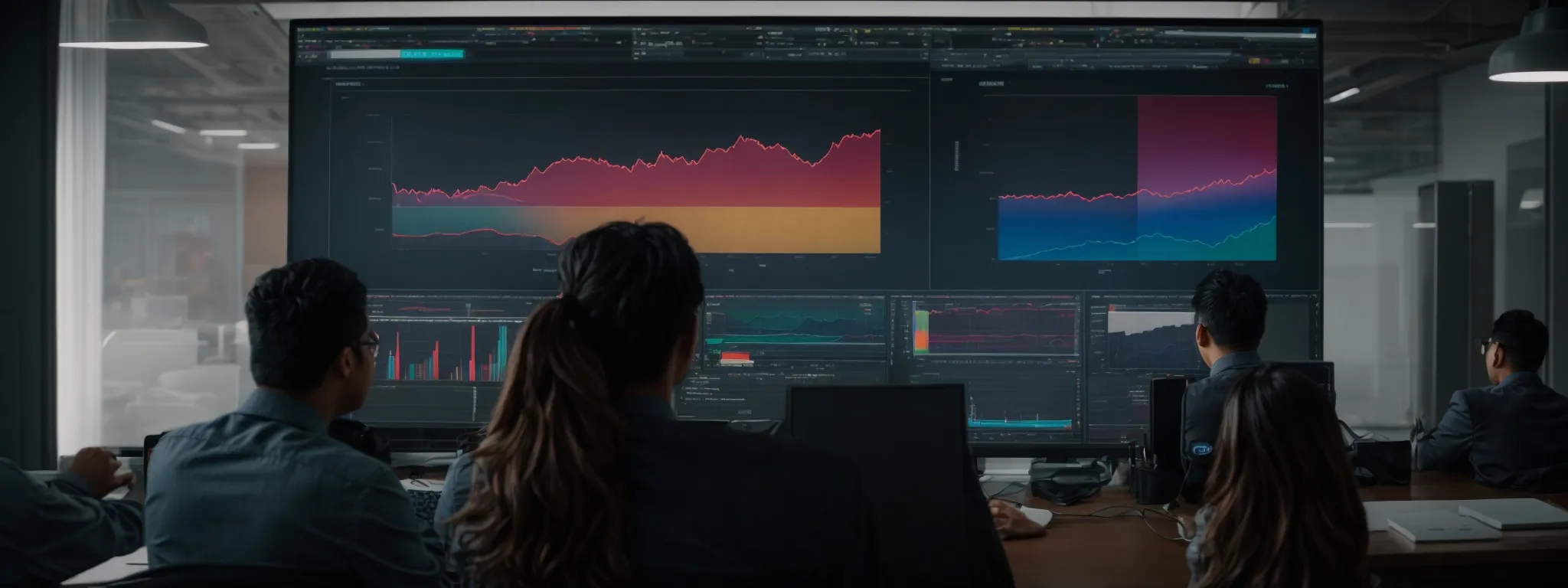 a dedicated team intently observes a large screen displaying colorful graphs and social media post schedules.