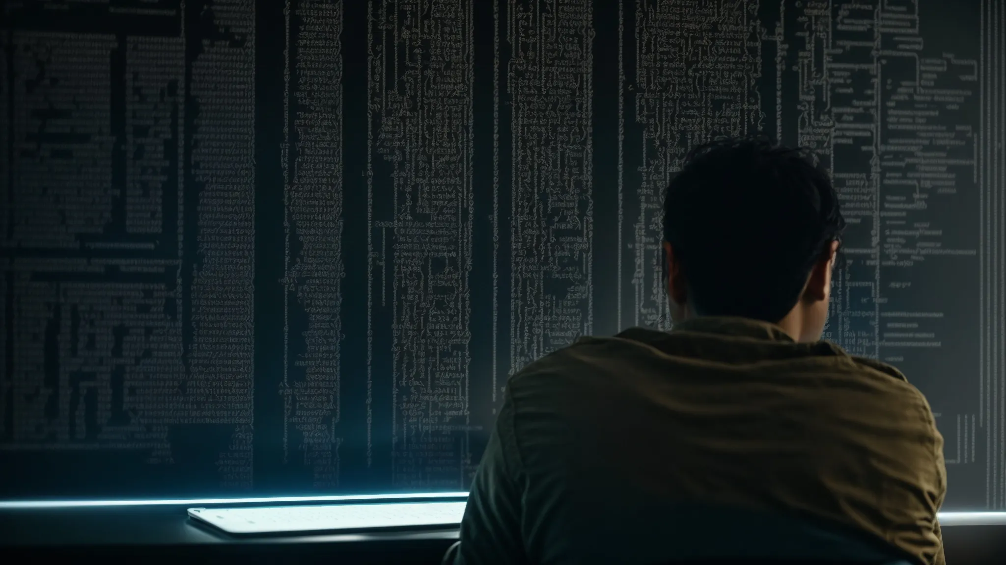 a person intently studying a computer screen with complex code visible while scrolling through a web page.