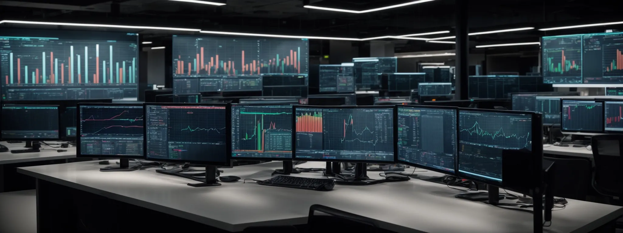 a modern office setting with multiple computer screens displaying colorful graphs and live analytics dashboards.