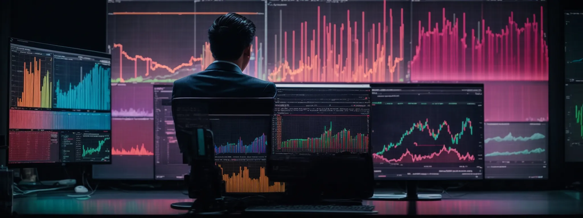 a marketer gazes at a large screen displaying colorful graphs and analytics from various data channels.