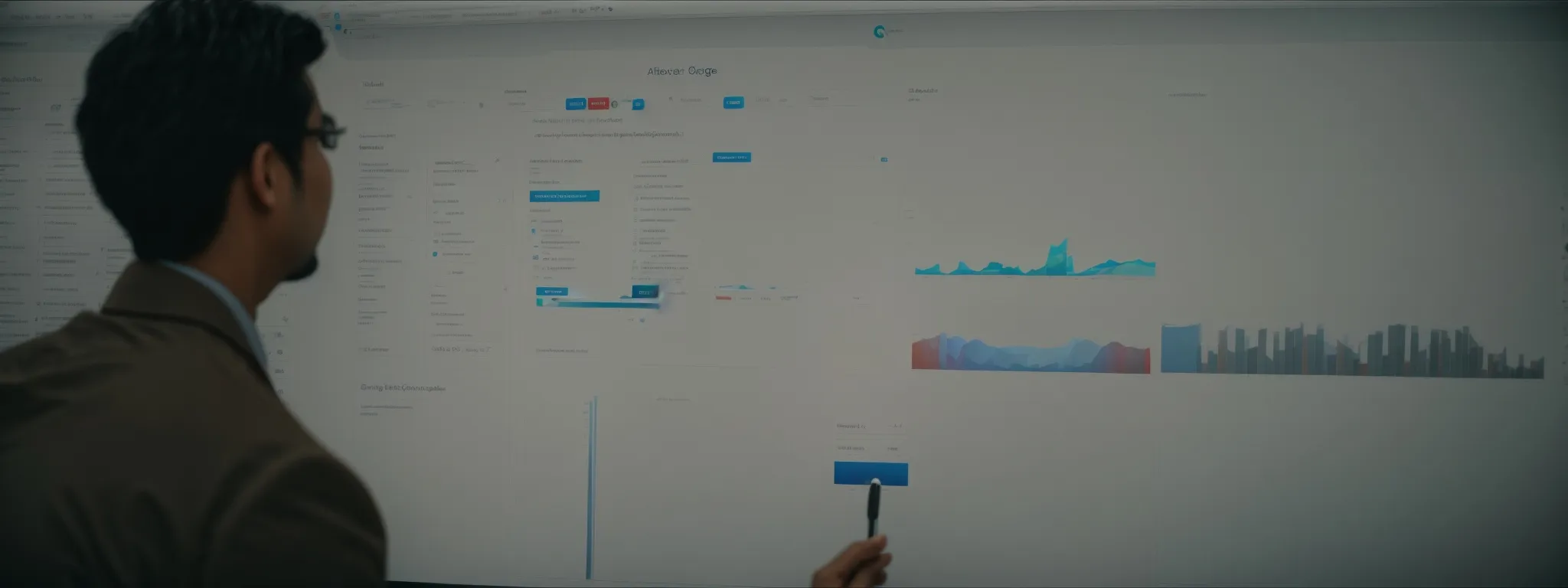 a person clicking on a search engine results page while another draws a graph on a digital marketing strategy board.