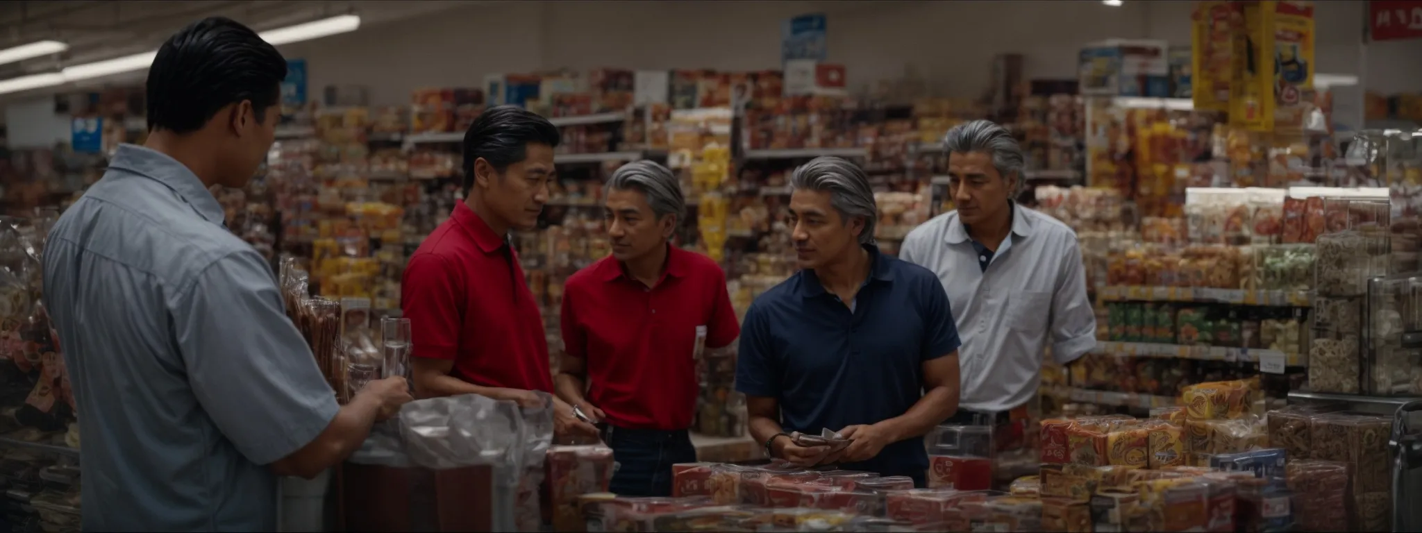 a group of satisfied customers openly discussing and admiring a product in a busy store setting.