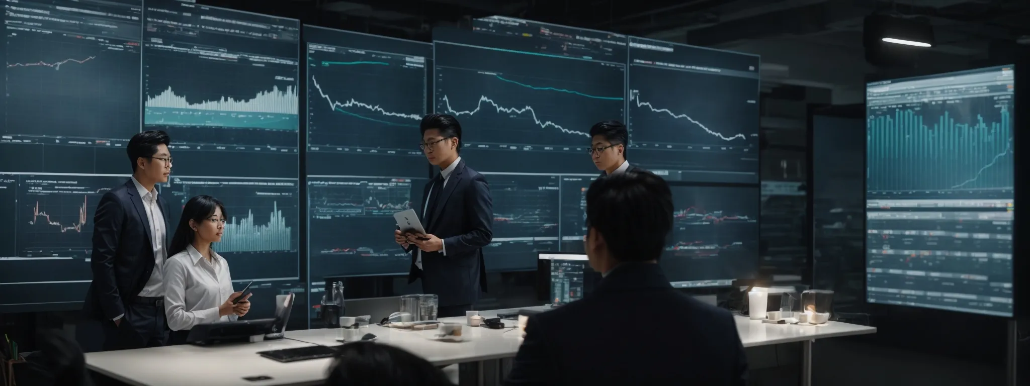 a marketing team analyzing data charts on a large screen symbolic of tv advertising metrics juxtaposed with search engine analytics interfaces.