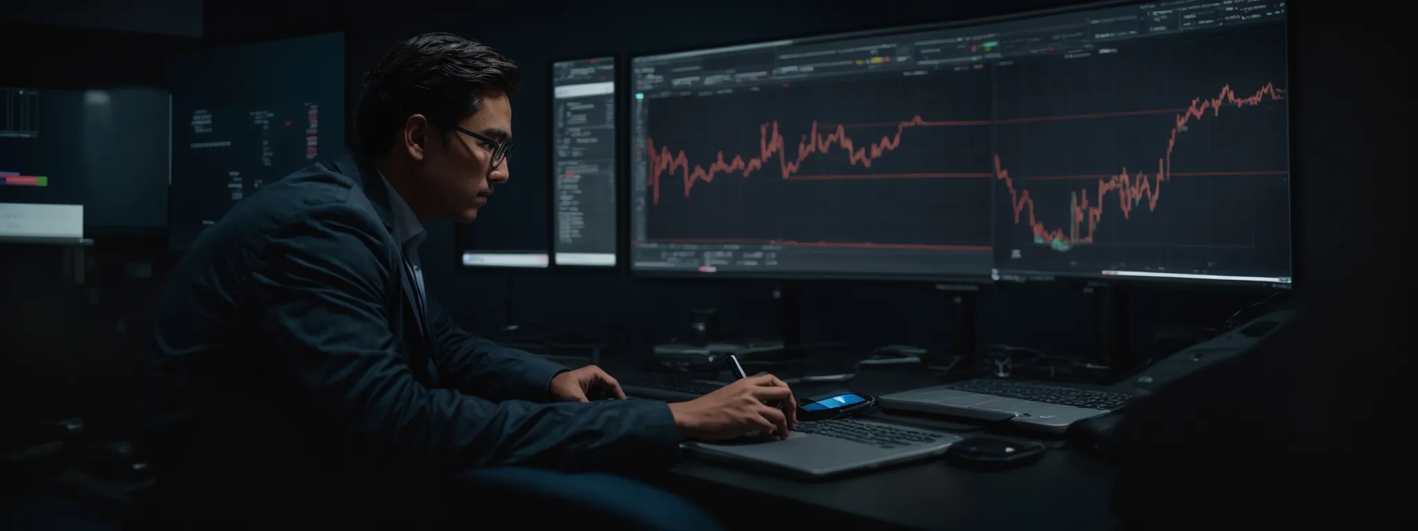 a marketer analyzing graphs on a computer screen representing digital campaign performance.