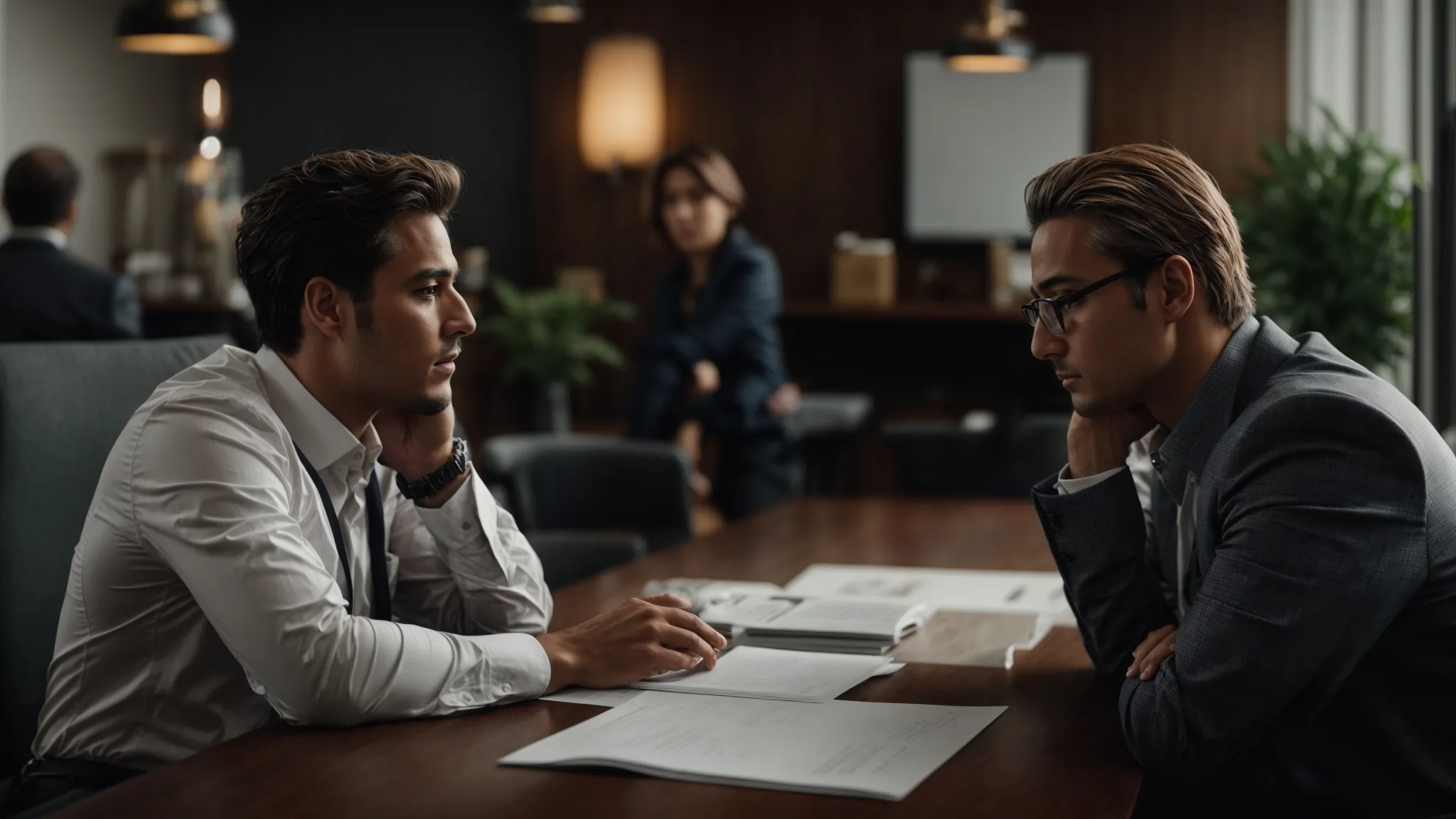 a business owner in a meeting with an seo consultant, poised to ask questions.