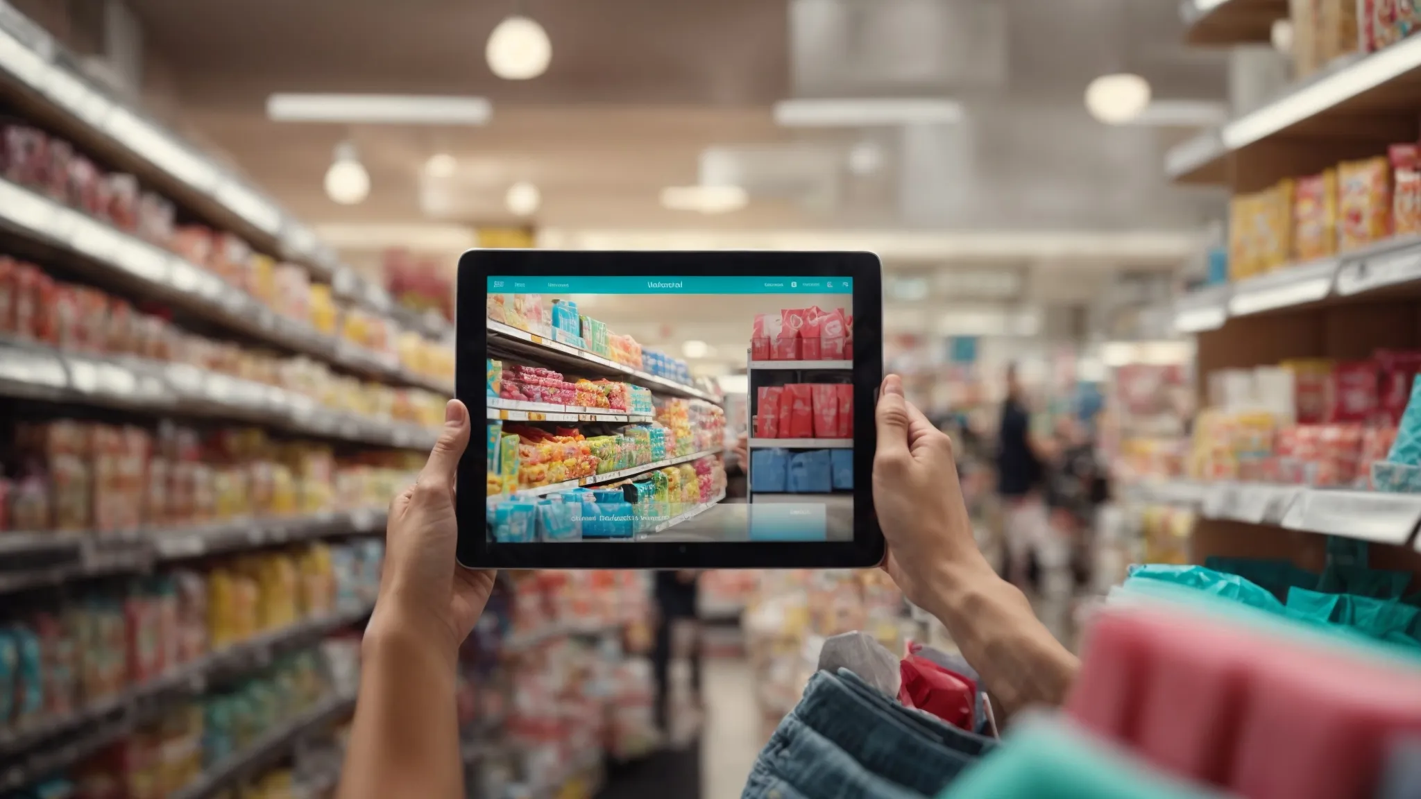 an online shopper joyfully clicks on a colorful ad on a tablet screen, choosing a product from a digital marketplace.