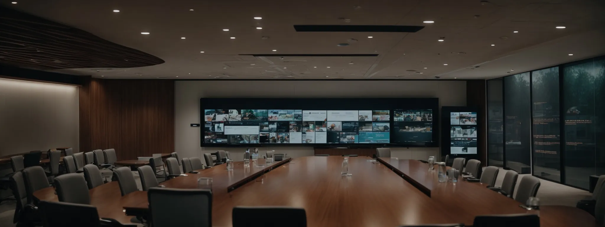 A modern conference room with a long wooden table, empty chairs, and a large wall of multiple screens displaying various images and data.