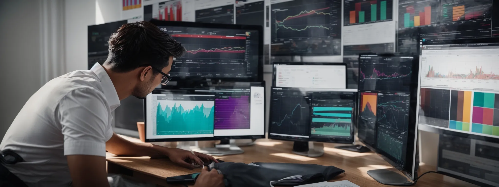a marketer reviews colorful graphs and charts on a computer screen displaying website analytics.