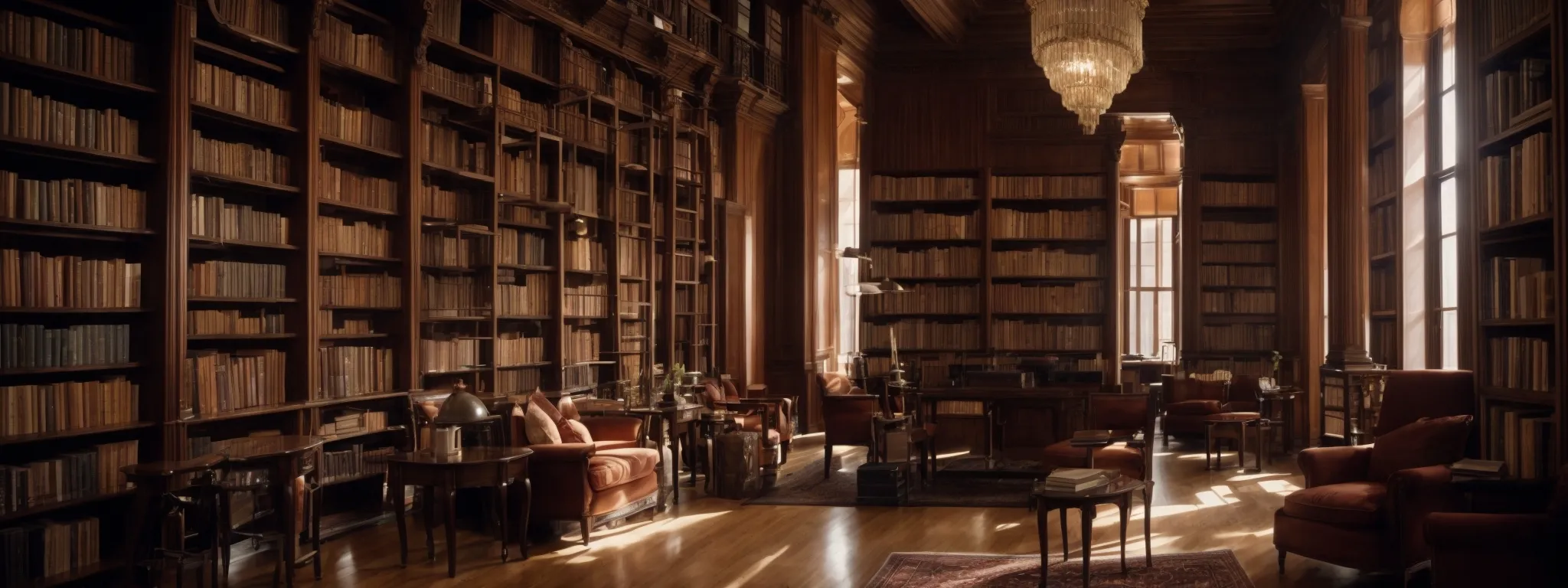 a serene library with towering bookshelves, symbolizing the depth and organization of knowledge through nlp-enhanced seo.