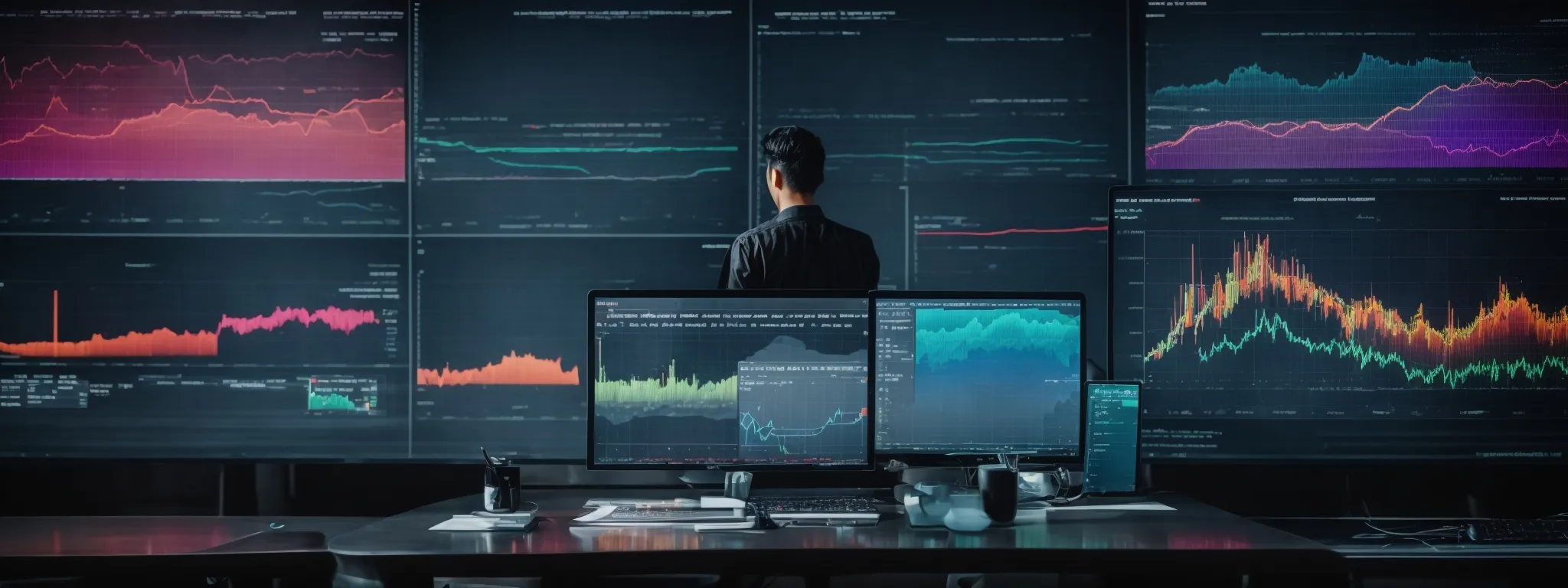 a person stands before a large screen displaying colorful graphs and data analytics related to web traffic and seo metrics.