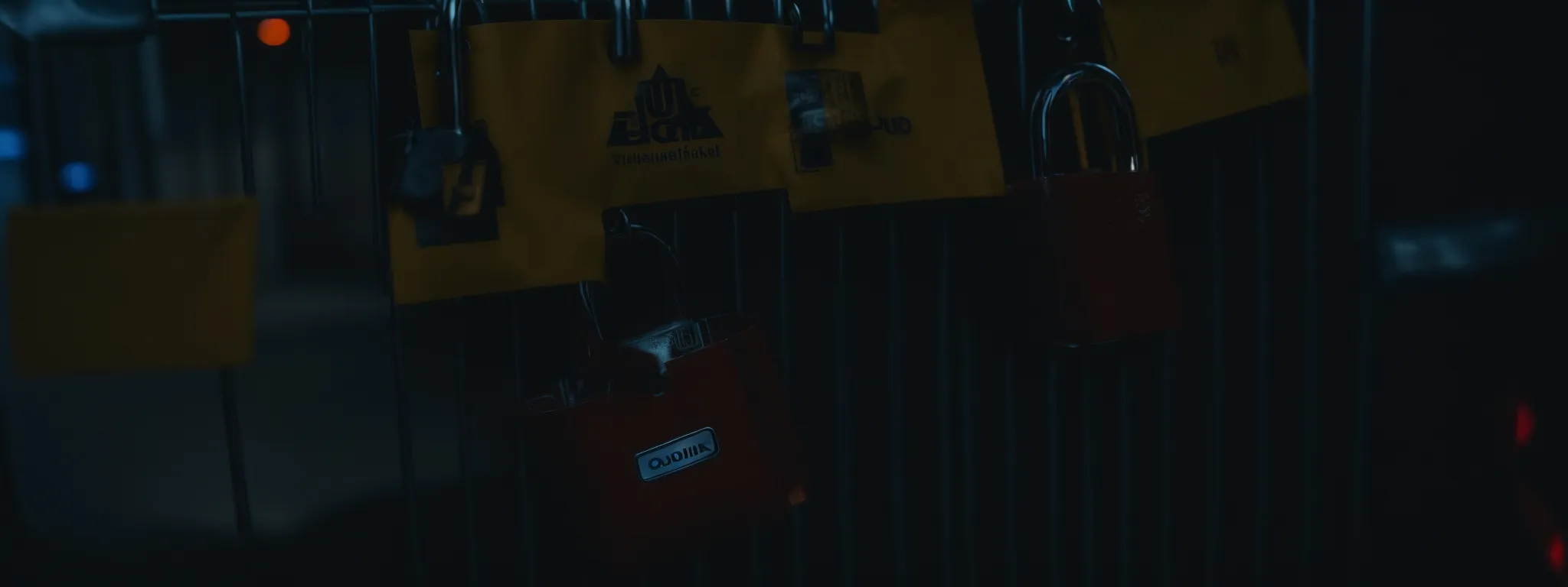 a locked padlock on a shopping cart against a cyber-themed backdrop.