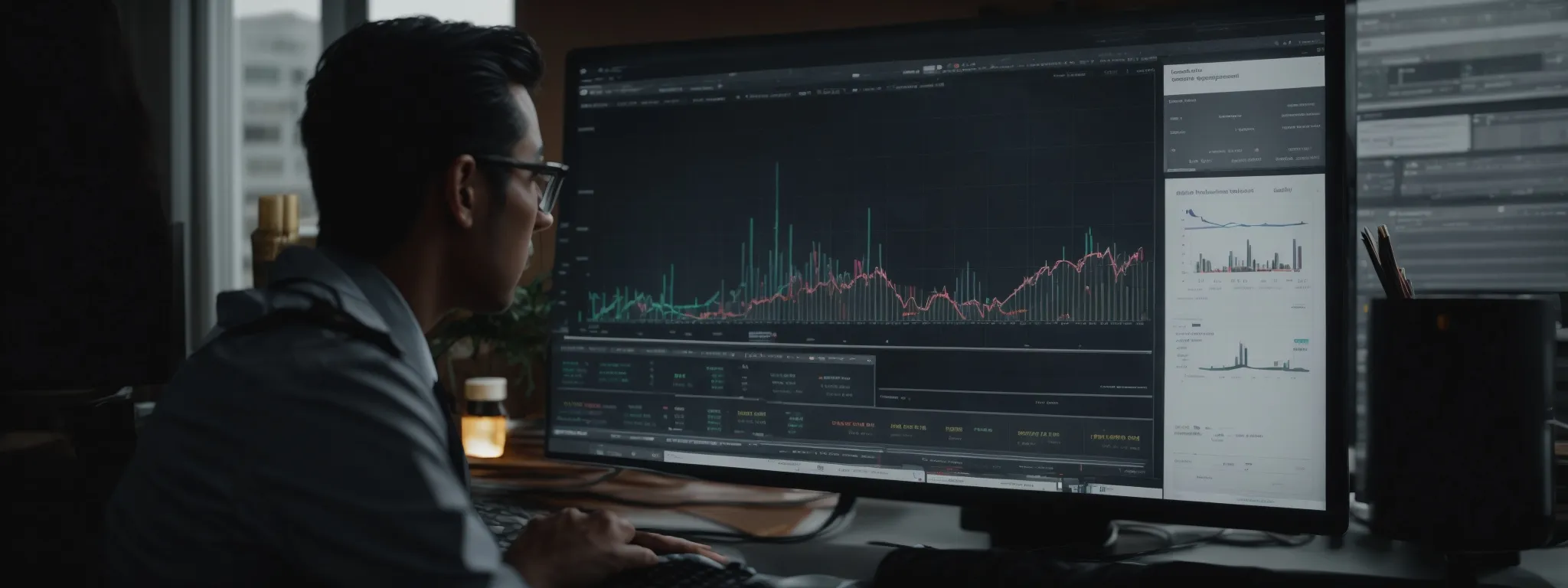a marketer scrutinizes graphs and charts on a computer screen, illustrating the data-driven strategy behind digital marketing objectives.