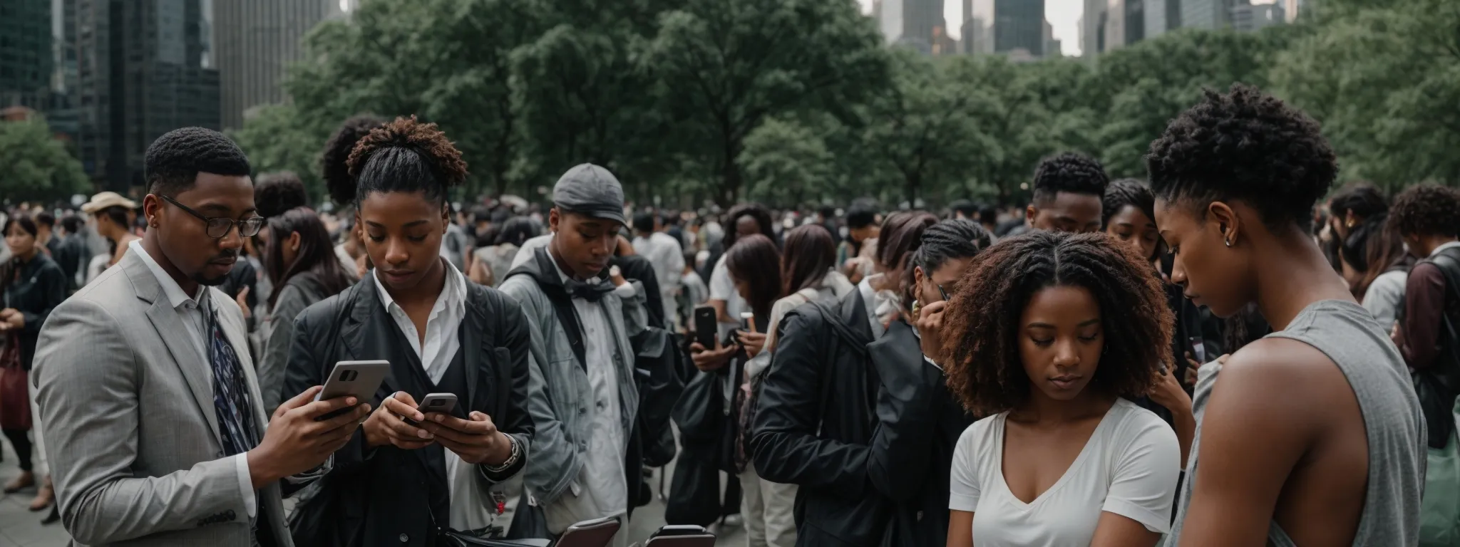 a diverse group of people gaze intently at their smartphones and laptops, in a bustling urban park surrounded by skyscrapers.