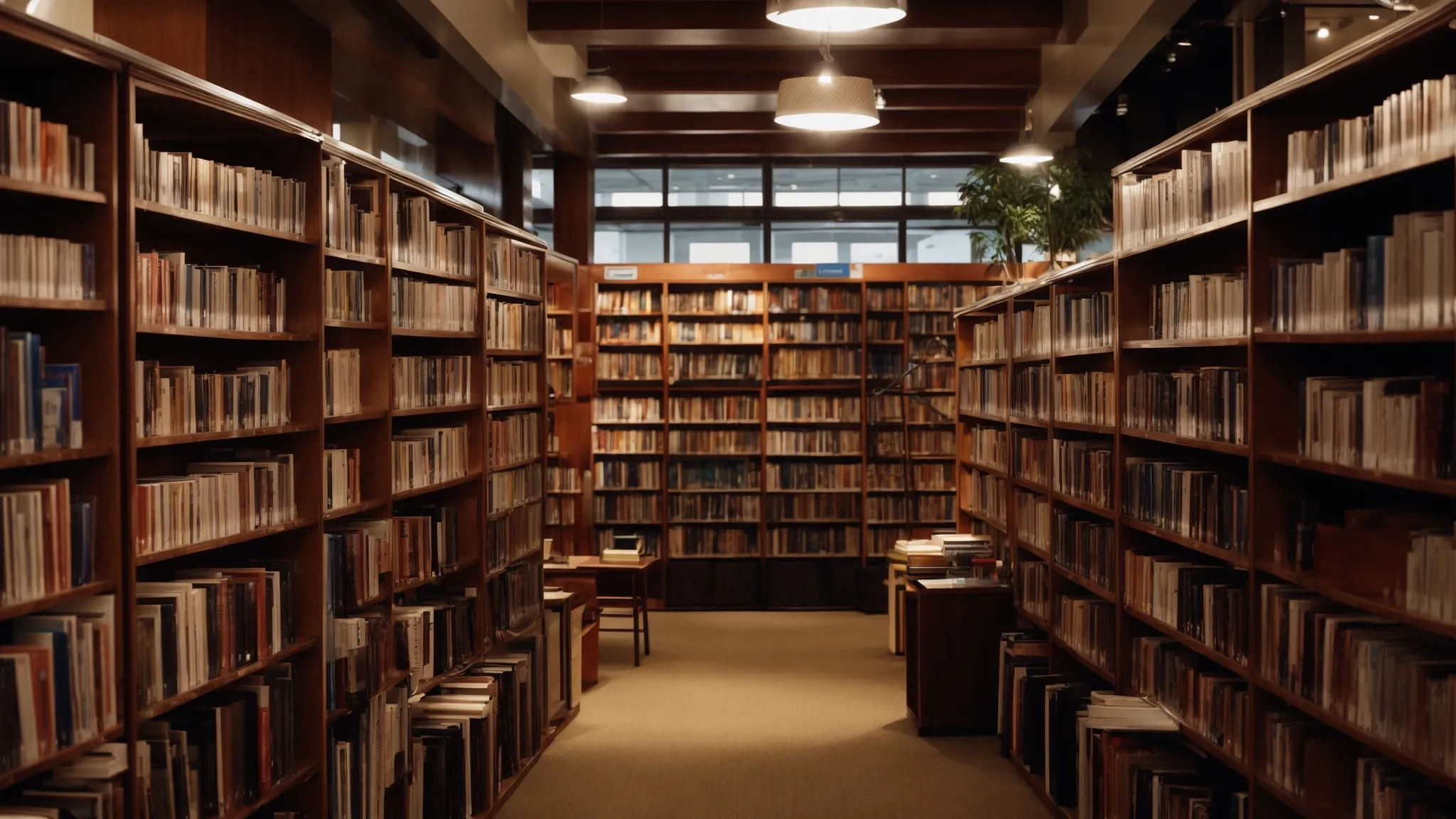 a library with a diverse collection of books and a central computer displaying search results.