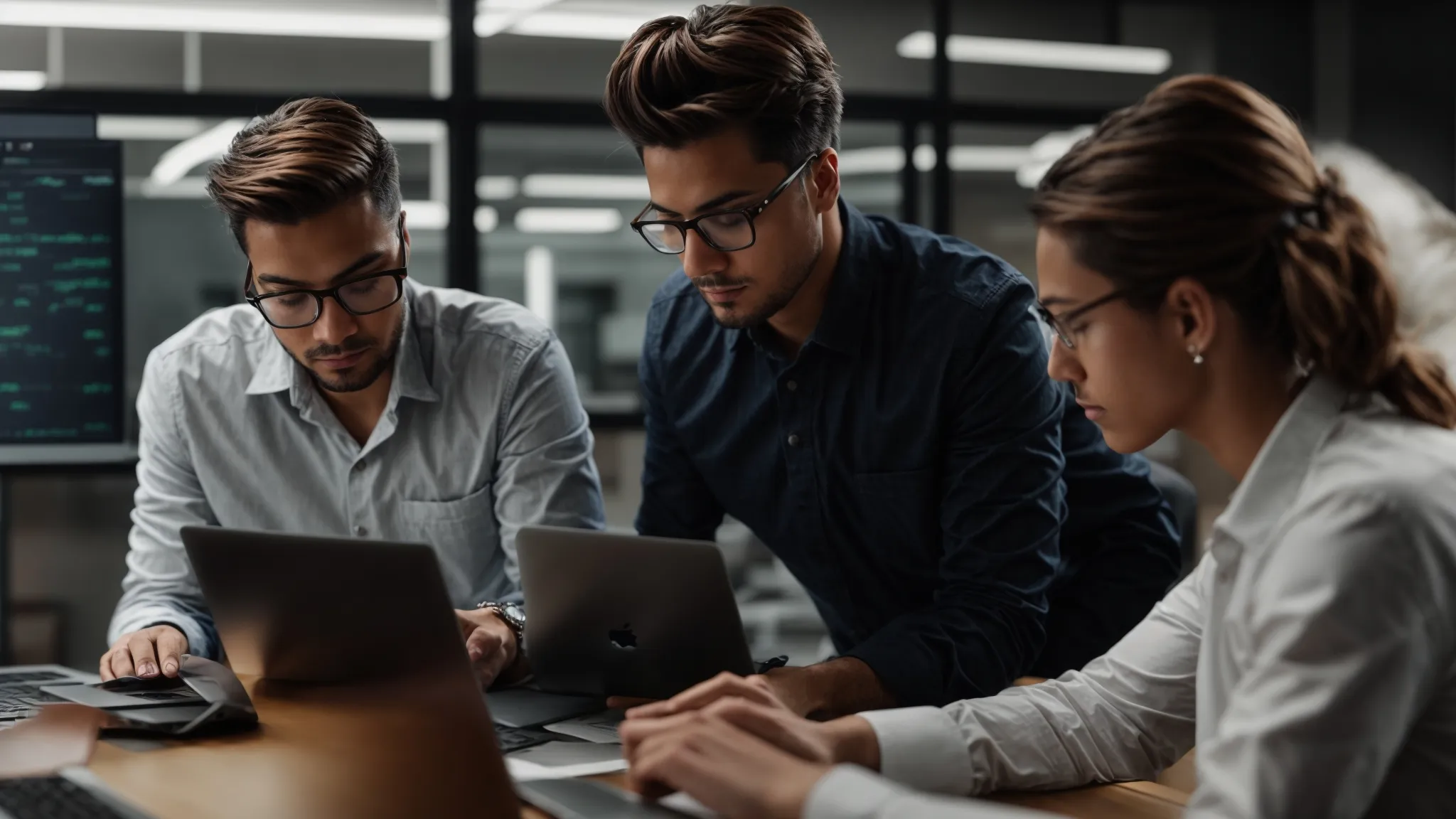 a dynamic team gathered around a laptop, analyzing graphs that show an upward trend.