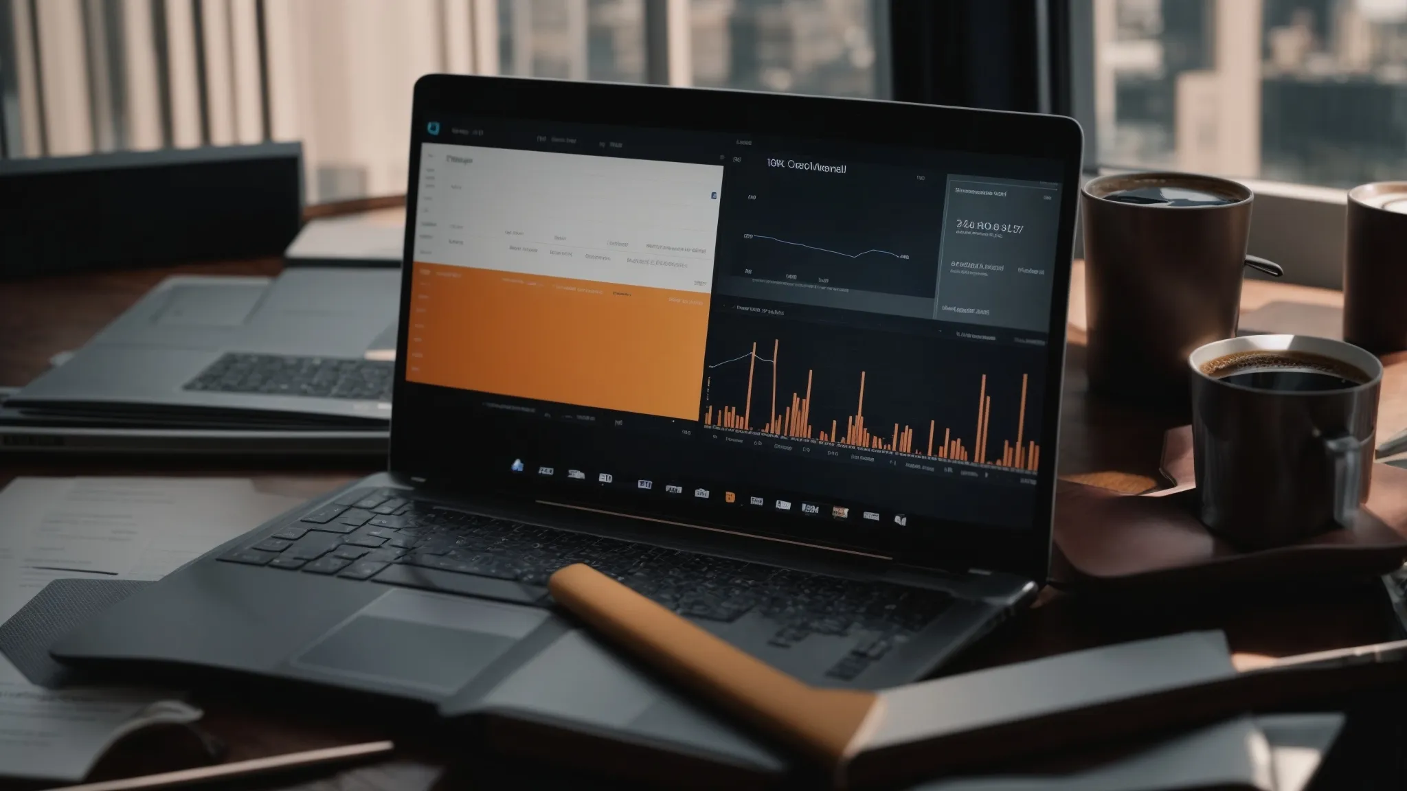 a laptop with graphs on the screen, surrounded by marketing books and a cup of coffee on a desk.