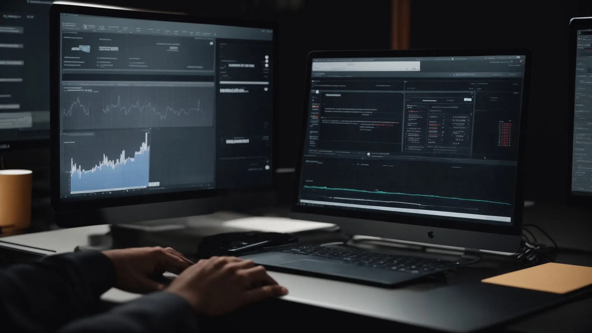 two computer screens display different versions of a website while a person analyzes the performance metrics on a tablet.
