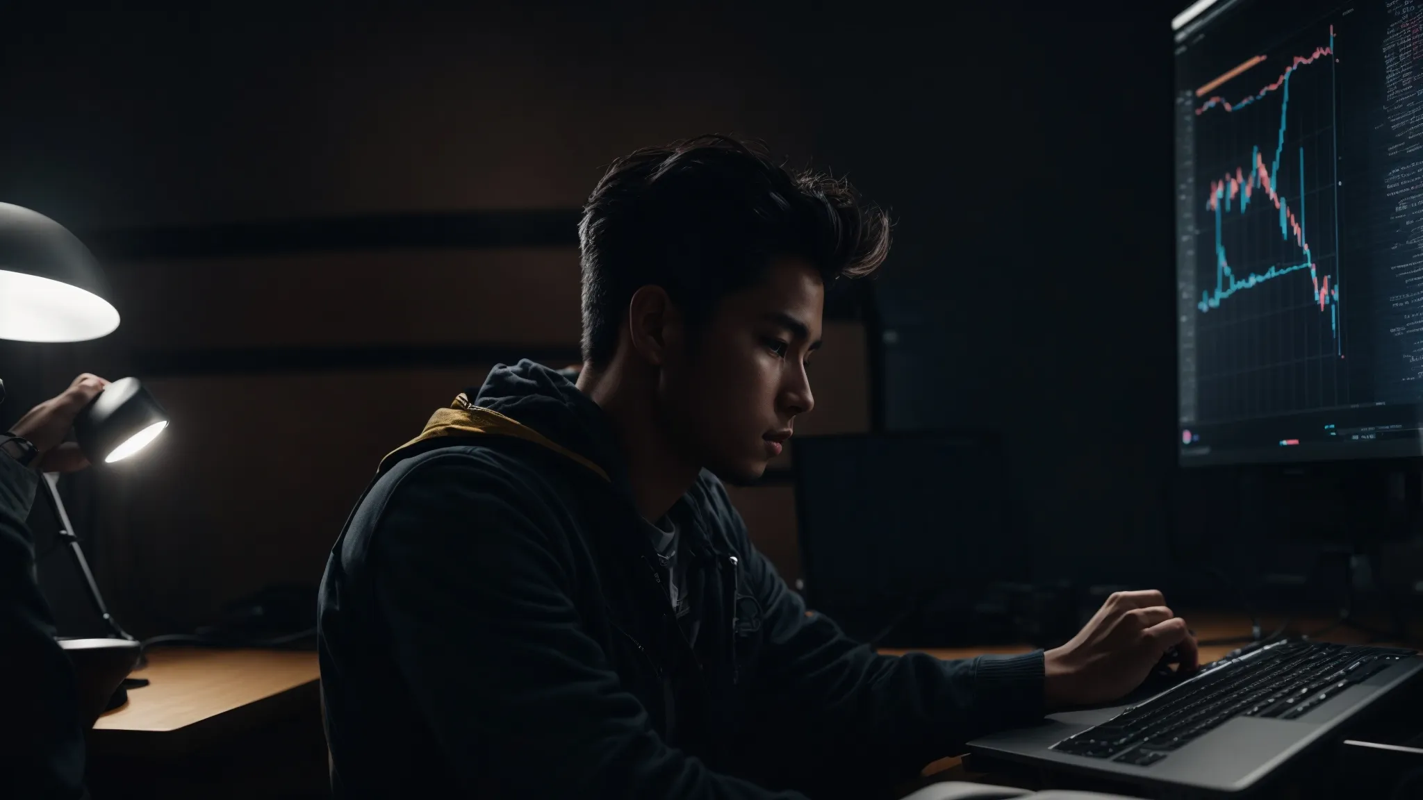 a person sits in front of a computer with a victorious pose as graphs and charts on the screen show upward trends.