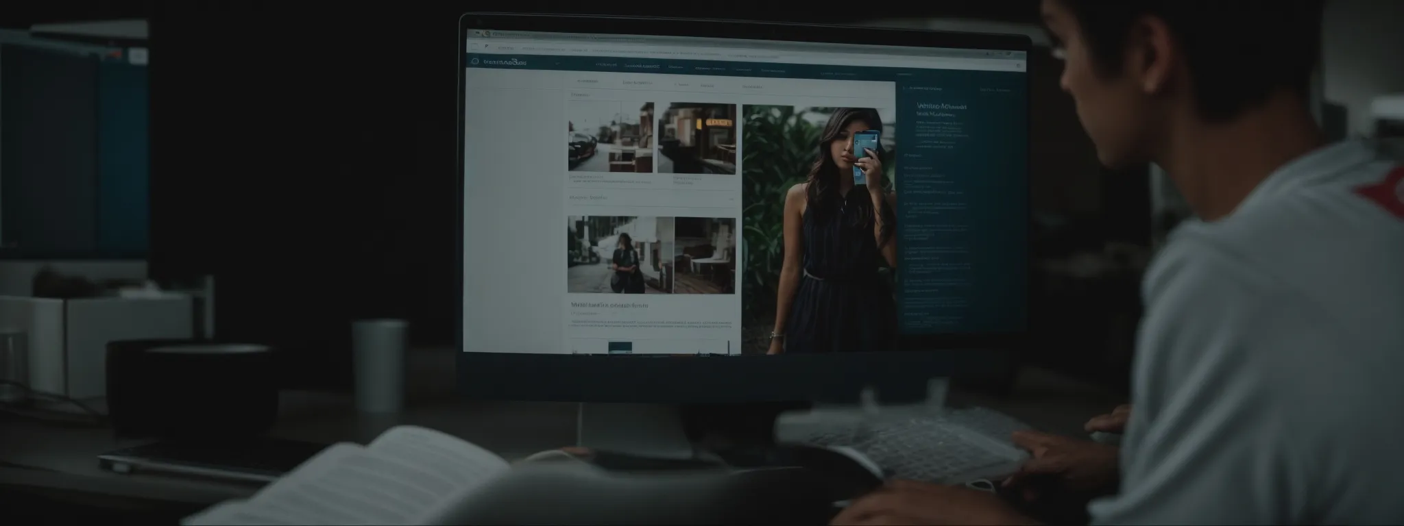 a person browsing through a well-organized website on a computer, visibly guided by clear headings.