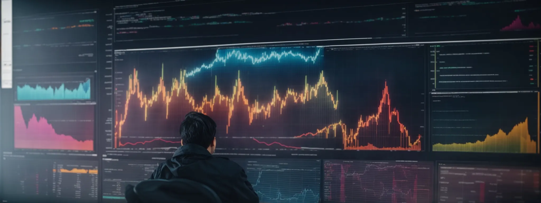 a person analyzes colorful graphs and charts on a large monitor displaying website analytics for niche market seo performance.