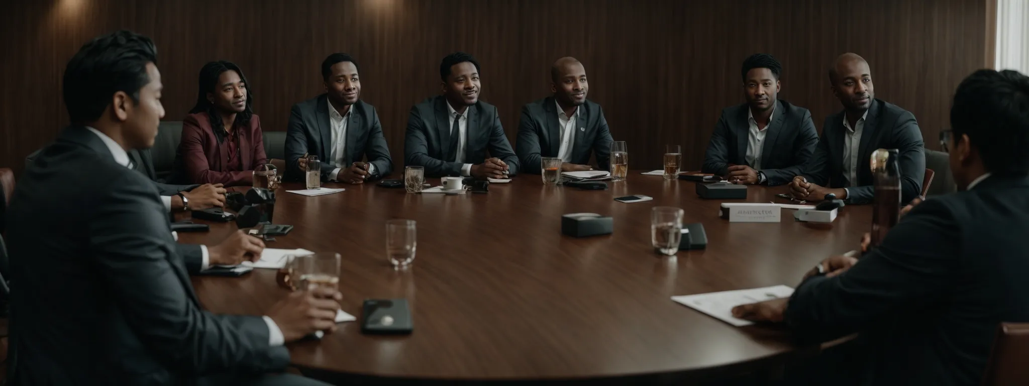 a round table discussion where diverse professionals from a digital marketing agency and client representatives engage in a strategic meeting.