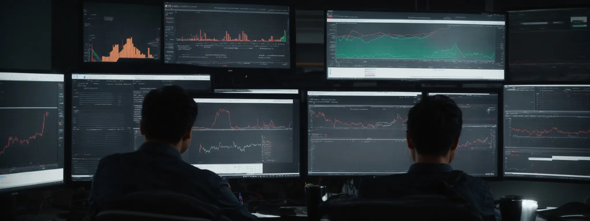 a person sitting at a computer with multiple charts and graphs on the screen, illustrating seo performance analytics.