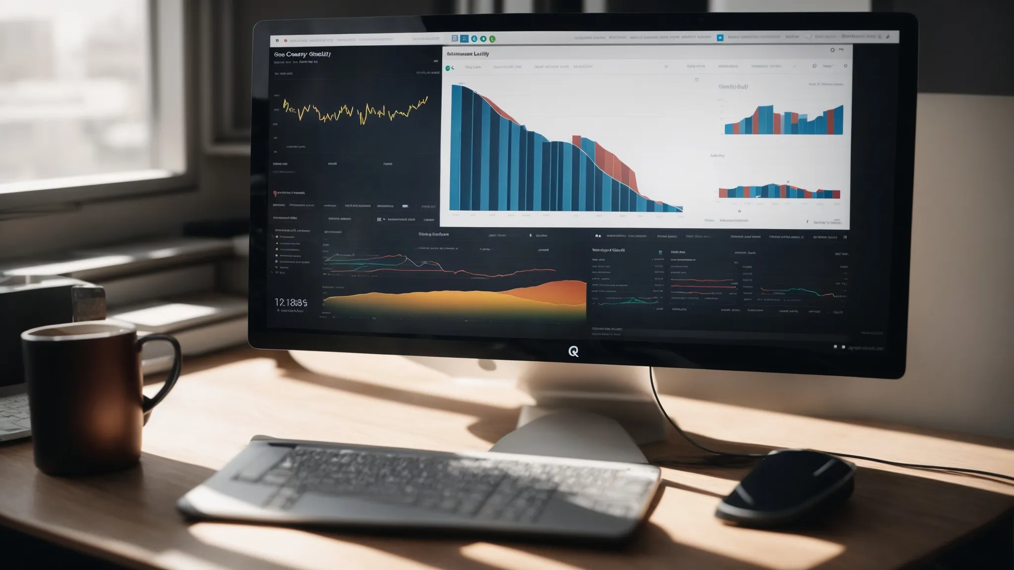 a computer screen displaying graphs and keywords analysis beside a shopify logo.