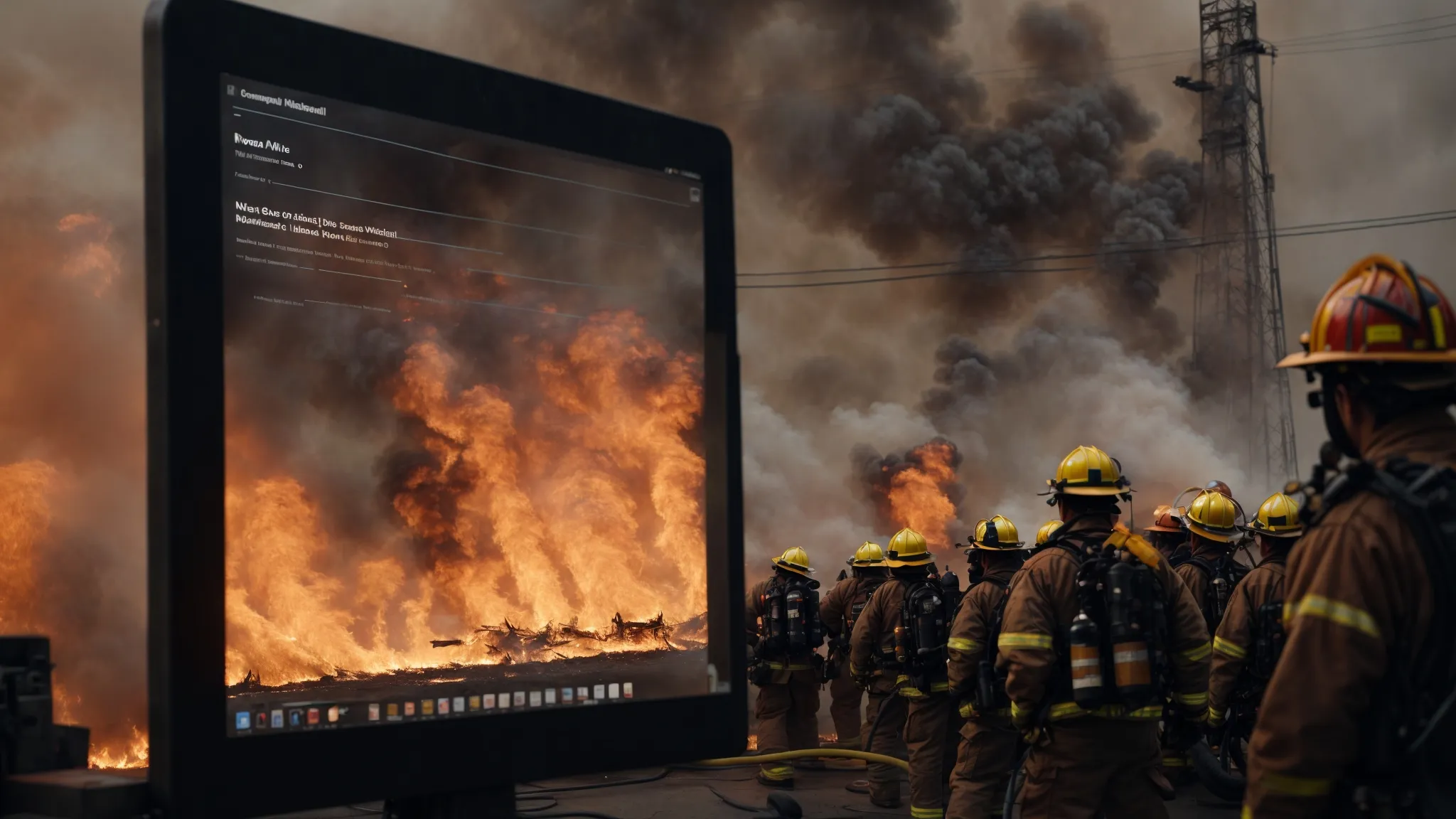 a computer screen displays a graph showing an upward trend in website traffic against a backdrop of firefighters in action extinguishing a blaze.