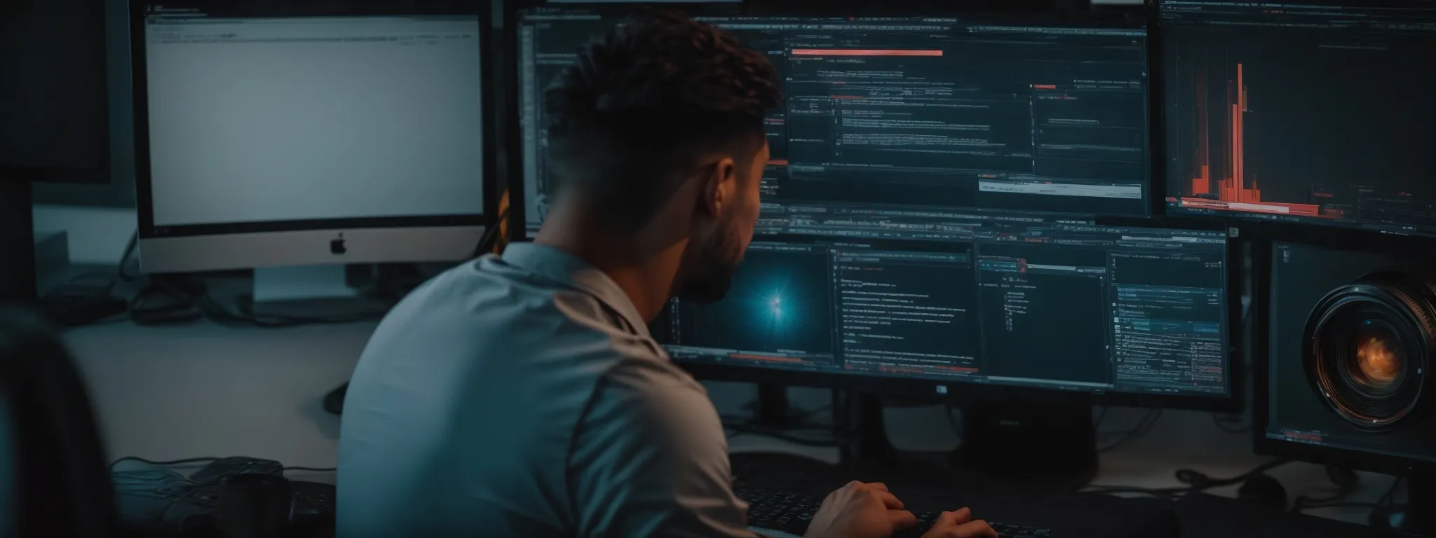 a web designer intently concentrates on a vibrant, animated website layout on a computer screen, optimizing user engagement with strategic flash elements.