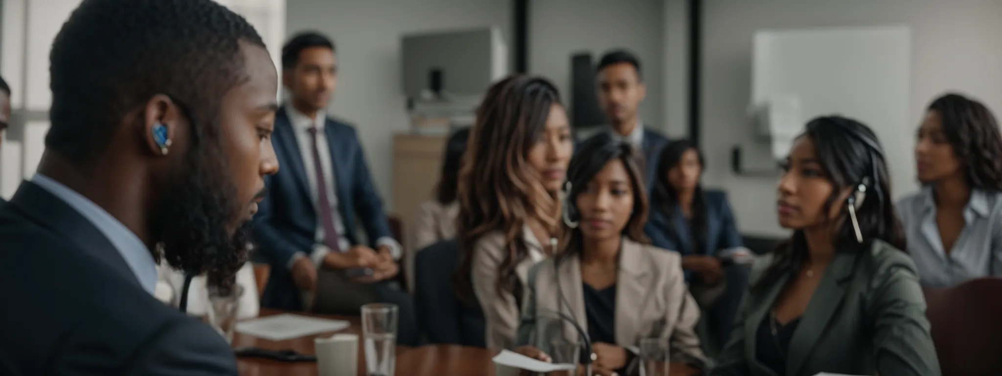 a diverse group of people in a conference room with earpieces engaging in a multilingual meeting facilitated by interpreters.
