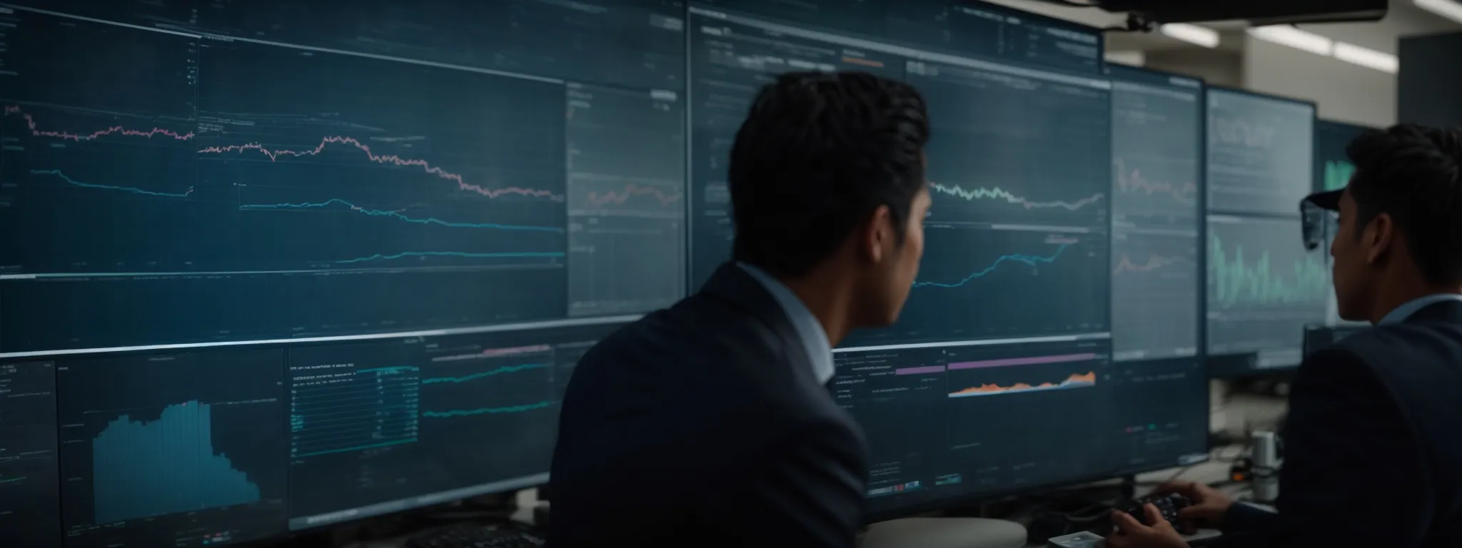 a group of focused individuals analyzing graphs on a large screen displaying digital user engagement metrics.