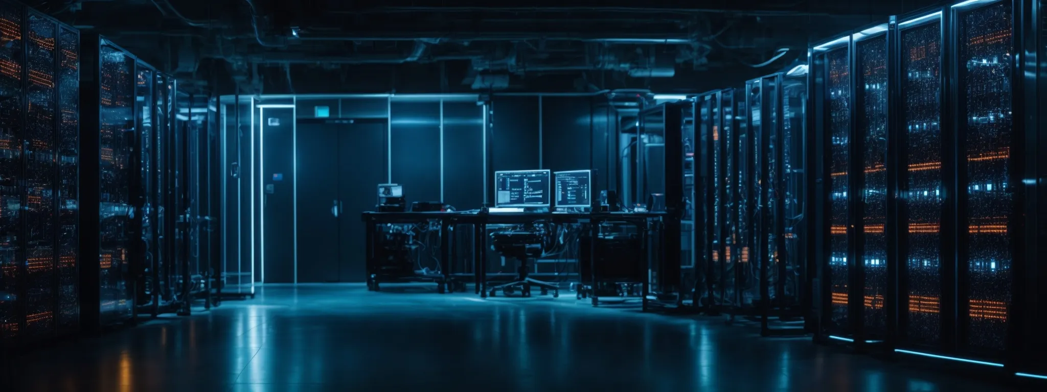 a central server room with glowing lights reflecting the powerful ai computing behind modern digital marketing strategies.