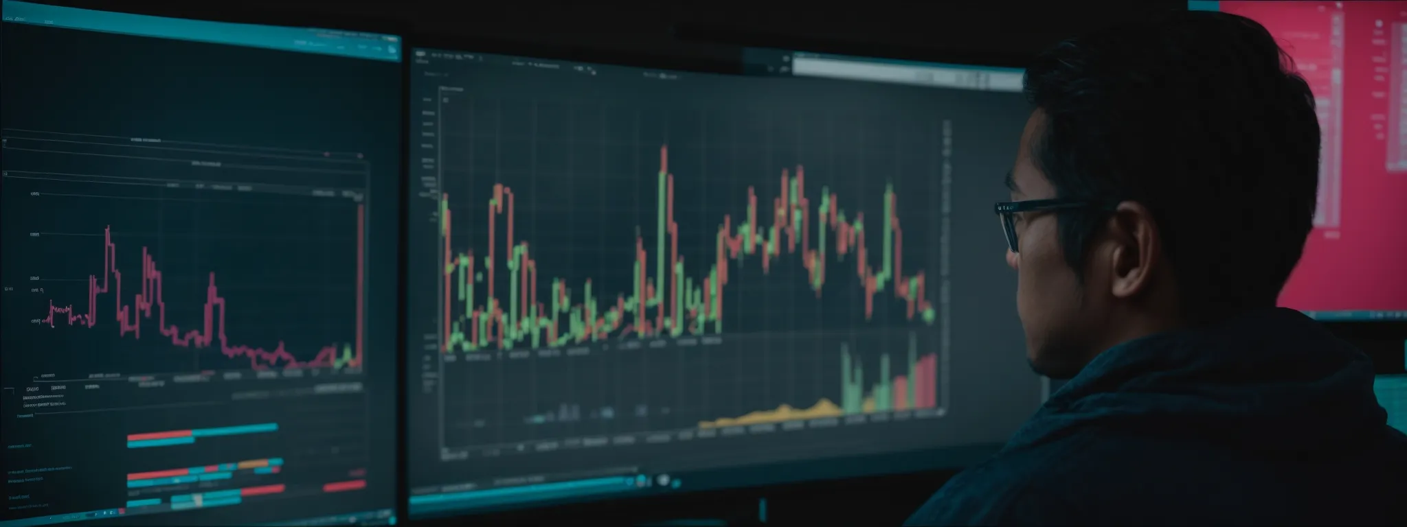 a person intently analyzing data on a computer screen showing colorful graphs and marketing metrics.