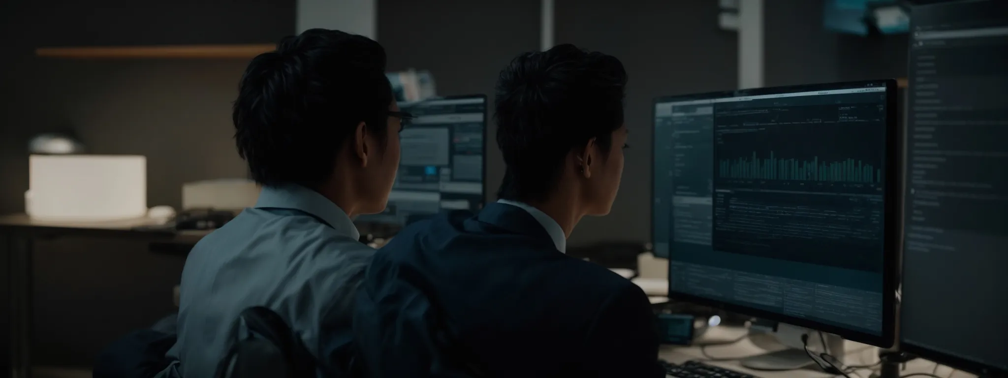 a person sitting at a modern workspace interacting with an elearning platform on a computer, with visible search engine result pages in the background.