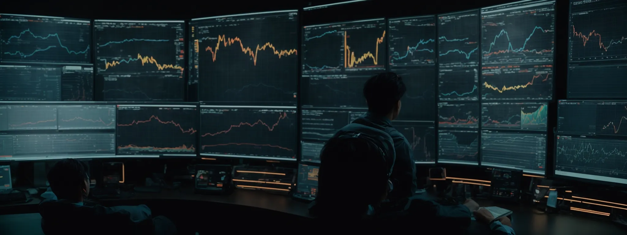 an individual intently observing a complex dashboard display illustrating web traffic and analytics charts.