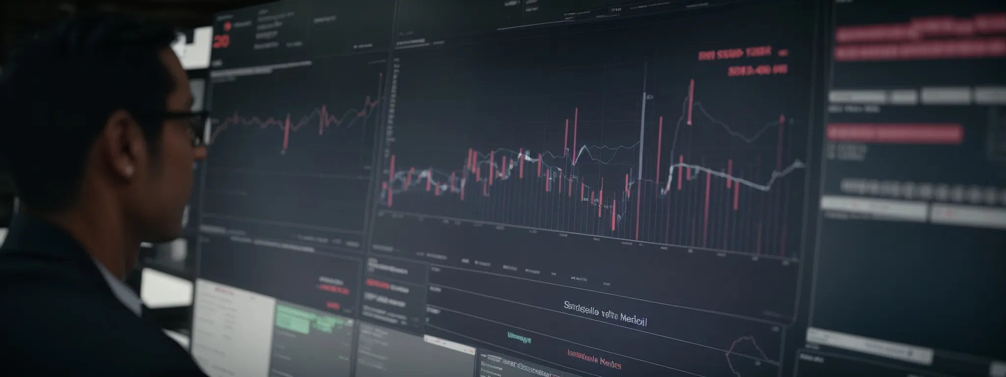 a strategist observes a bright dashboard displaying seo metrics and keyword trend graphs.