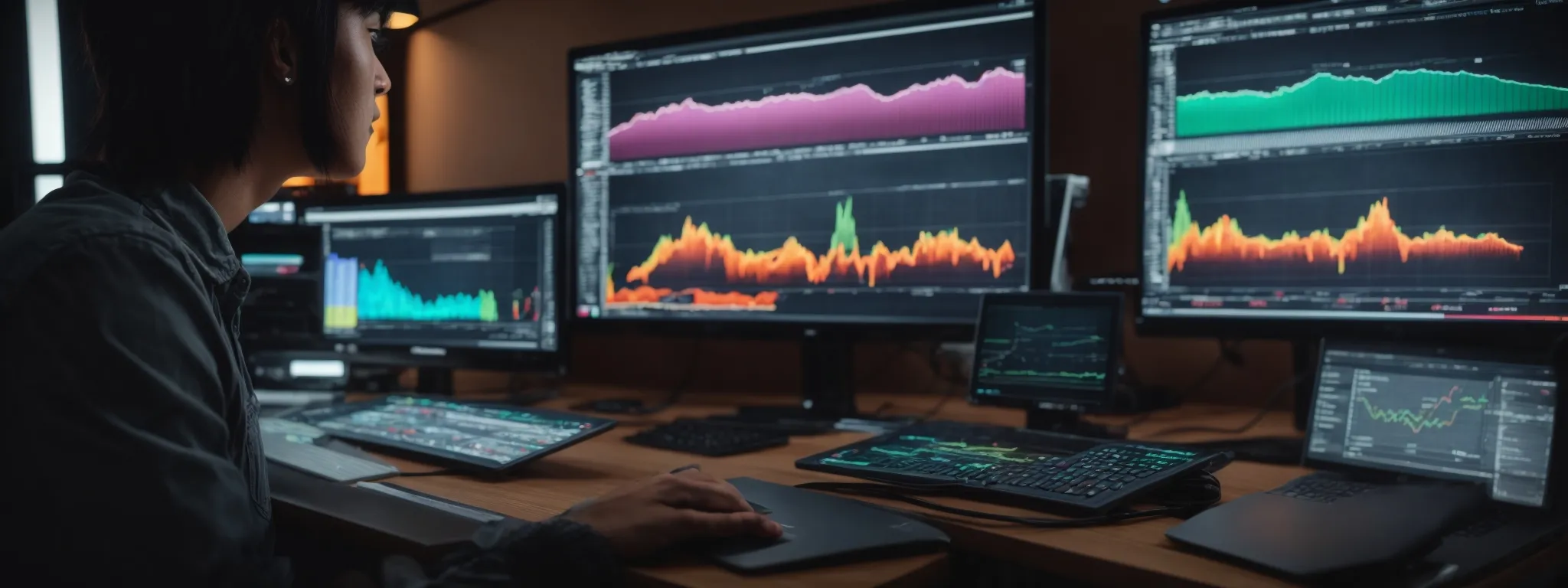 a person analyzes a computer screen displaying colorful graphs and charts illustrating seo rankings and website traffic data.