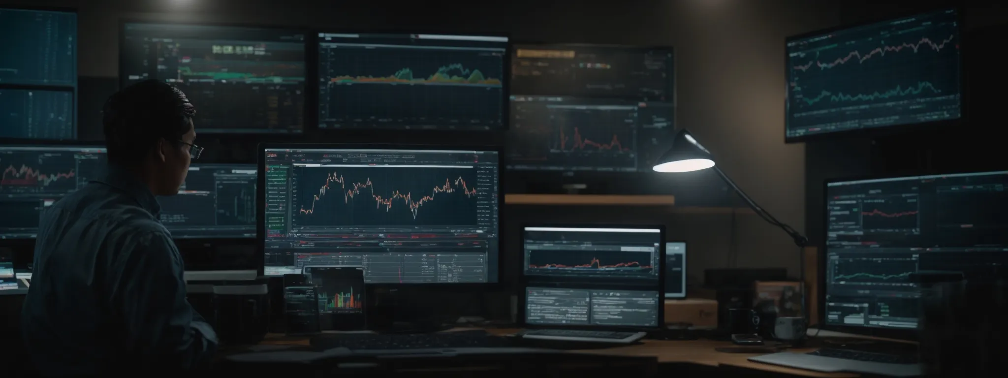 a wide-angle photo of a marketer analyzing data on a large computer screen showing website analytics dashboards.