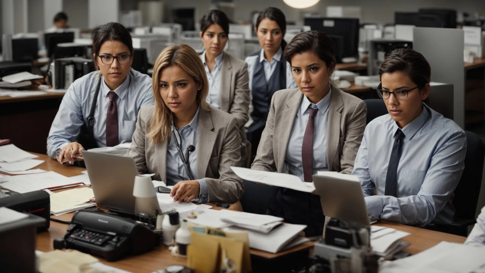 a group of disgruntled office workers, each focused on their isolated tasks, surrounded by unused collaboration tools.