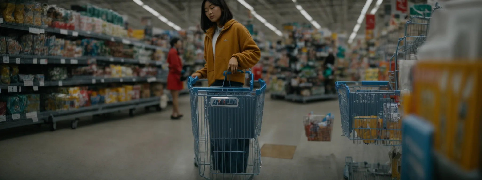 a shopping cart maneuvering down a clean, organized aisle, representing streamlined navigation and categorical clarity.